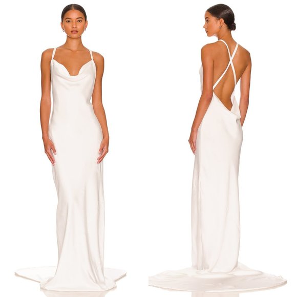 Norma Kamali Dresses & Skirts - Norma Kamali Cross Back Bias Formal Satin Gown with Train in Snow White Size M